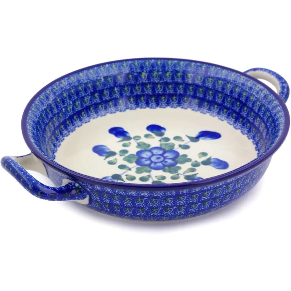 Polmedia Polish Pottery Round Baker with Handles 8.2" x 10" | Blue Poppies Pattern Handmade in Poland — Blue Poppies