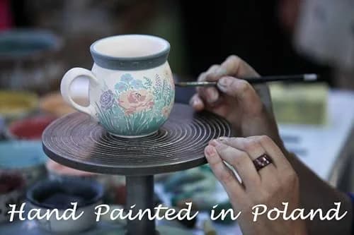 Polmedia Polish Pottery Round Baker with Handles 8.2" x 10" | Blue Poppies Pattern Handmade in Poland thumbnail 8