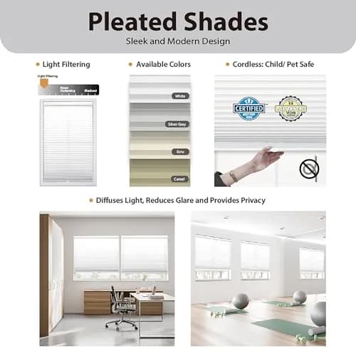 DEZ FURNISHINGS Cordless 1" Light Filtering Pleated Shade, Fabric, 27" W x 64" H thumbnail 2