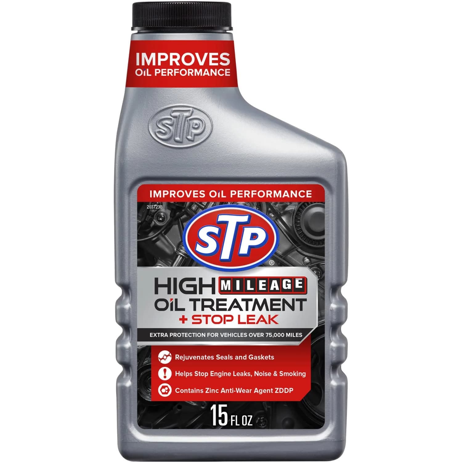 STP High Mileage Oil Treatment + Stop Leak 443ml (15 Fl Oz) | Protects Engines Over 75,000 Miles - main product image