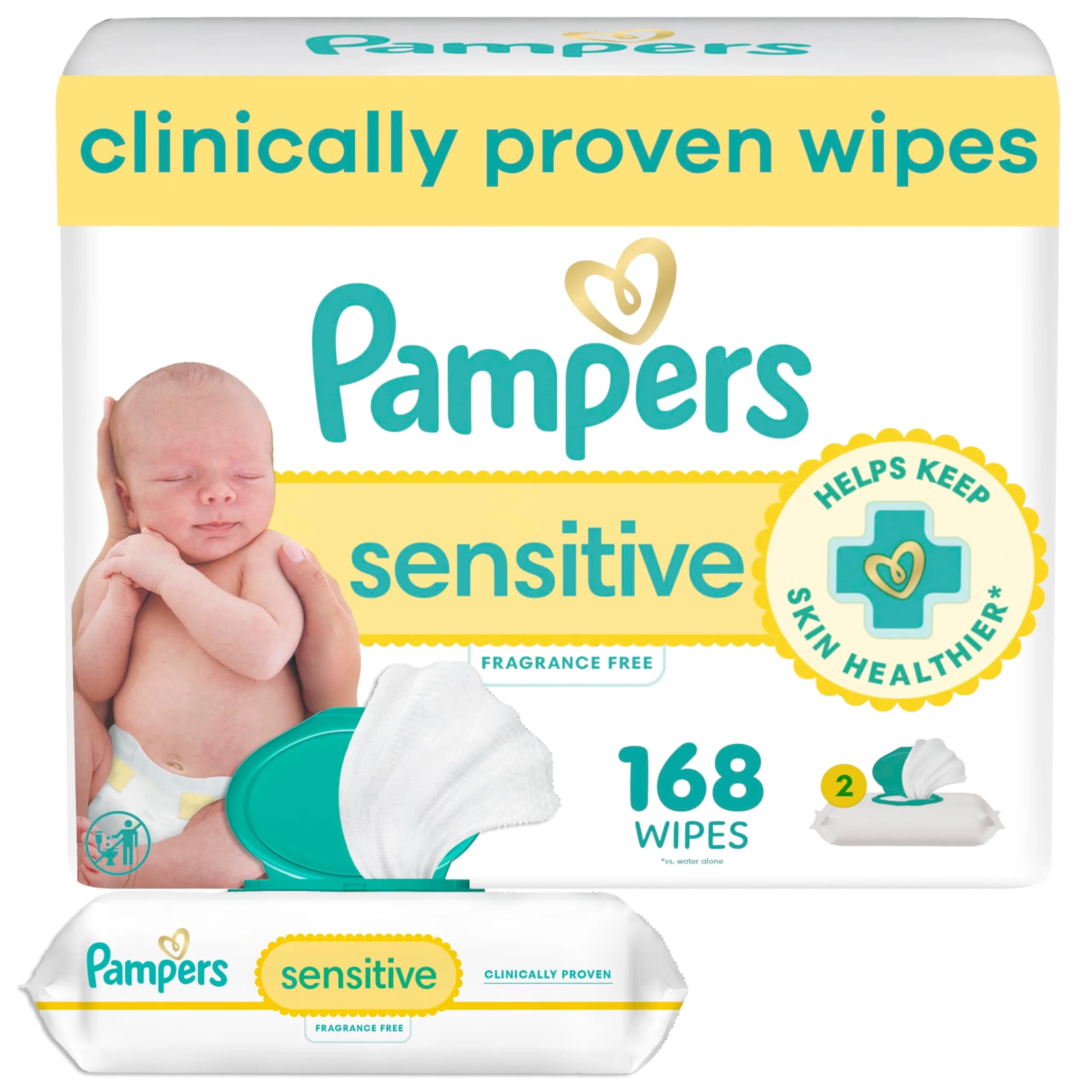 Pampers Sensitive Baby Wipes, Hypoallergenic, Fragrance-Free, 168 Count (3 Packs) | Clinically Proven for Sensitive Skin