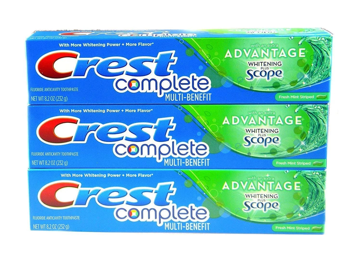 Crest Complete Multi-Benefit Toothpaste 8.2oz Pack of 3 | Extra Whitening & Scope — 8.2 Ounce