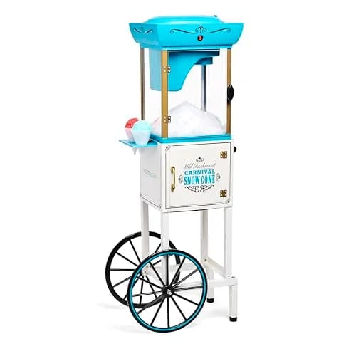 Nostalgia Snow Cone Shaved Ice Machine - 48 Icy Treats, Retro Cart, Stainless Steel Blades, Portable, White/Blue thumbnail 1