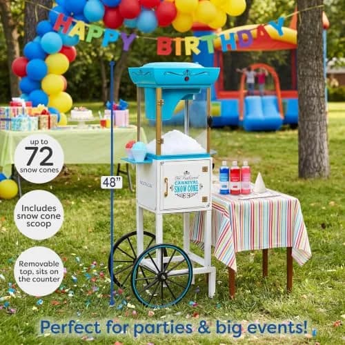 Nostalgia Snow Cone Shaved Ice Machine - 48 Icy Treats, Retro Cart, Stainless Steel Blades, Portable, White/Blue thumbnail 2