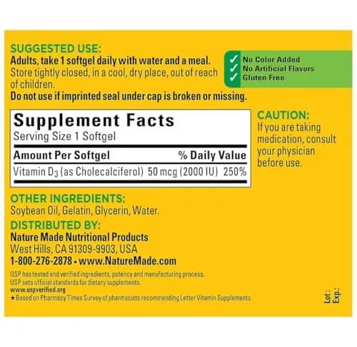 Nature Made Vitamin D3 Softgels 2000 IU (50 mcg) 320 Count | Supports Immune Health, Bones & Teeth thumbnail 4