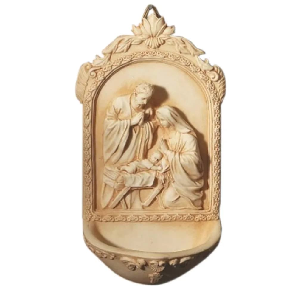 AT001 Catholic & Religious Nativity Holy Water Font 6 1/2" Resin | Holy Family Religious Decor — Off White