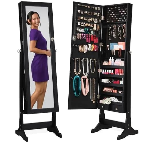 Best Choice Products Jewelry Armoire Full Length Mirror Lockable Velvet Storage (58in) | Elegant & Spacious thumbnail 1