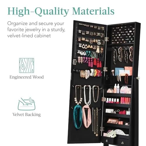 Best Choice Products Jewelry Armoire Full Length Mirror Lockable Velvet Storage (58in) | Elegant & Spacious thumbnail 5