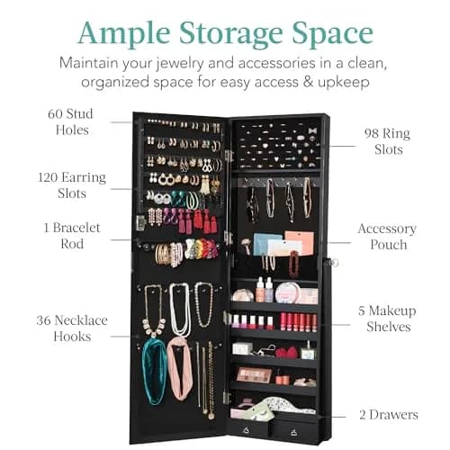 Best Choice Products Jewelry Armoire Full Length Mirror Lockable Velvet Storage (58in) | Elegant & Spacious thumbnail 2