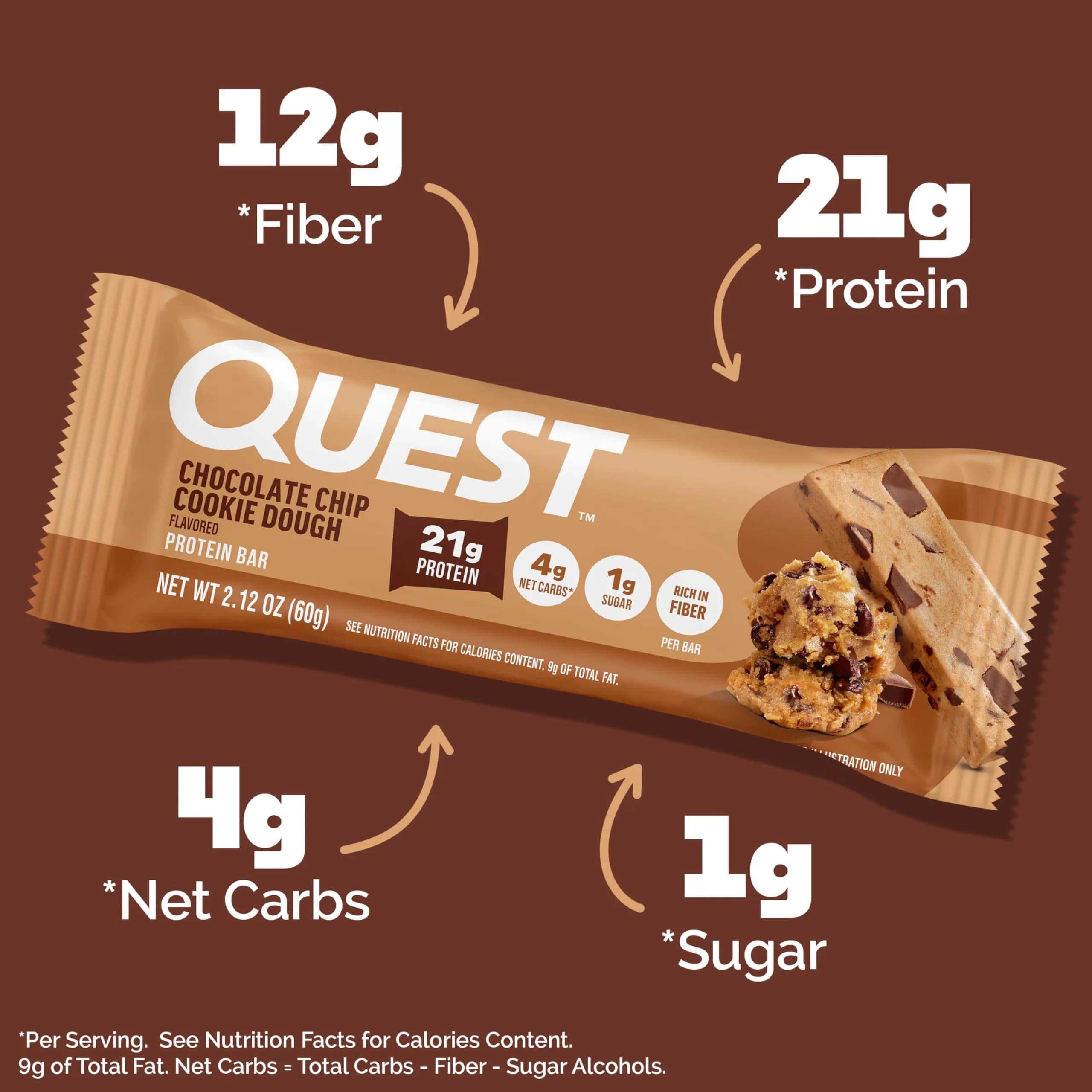 Quest Chocolate Chip Cookie Dough Protein Bar - 12 Count Pack | High Protein, Low Carb, Gluten Free, Keto Friendly Snack - view 2