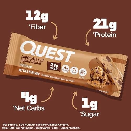 Quest Chocolate Chip Cookie Dough Protein Bars 12 Count | 21g Protein, 12g Fiber, 4g Net Carbs thumbnail 2