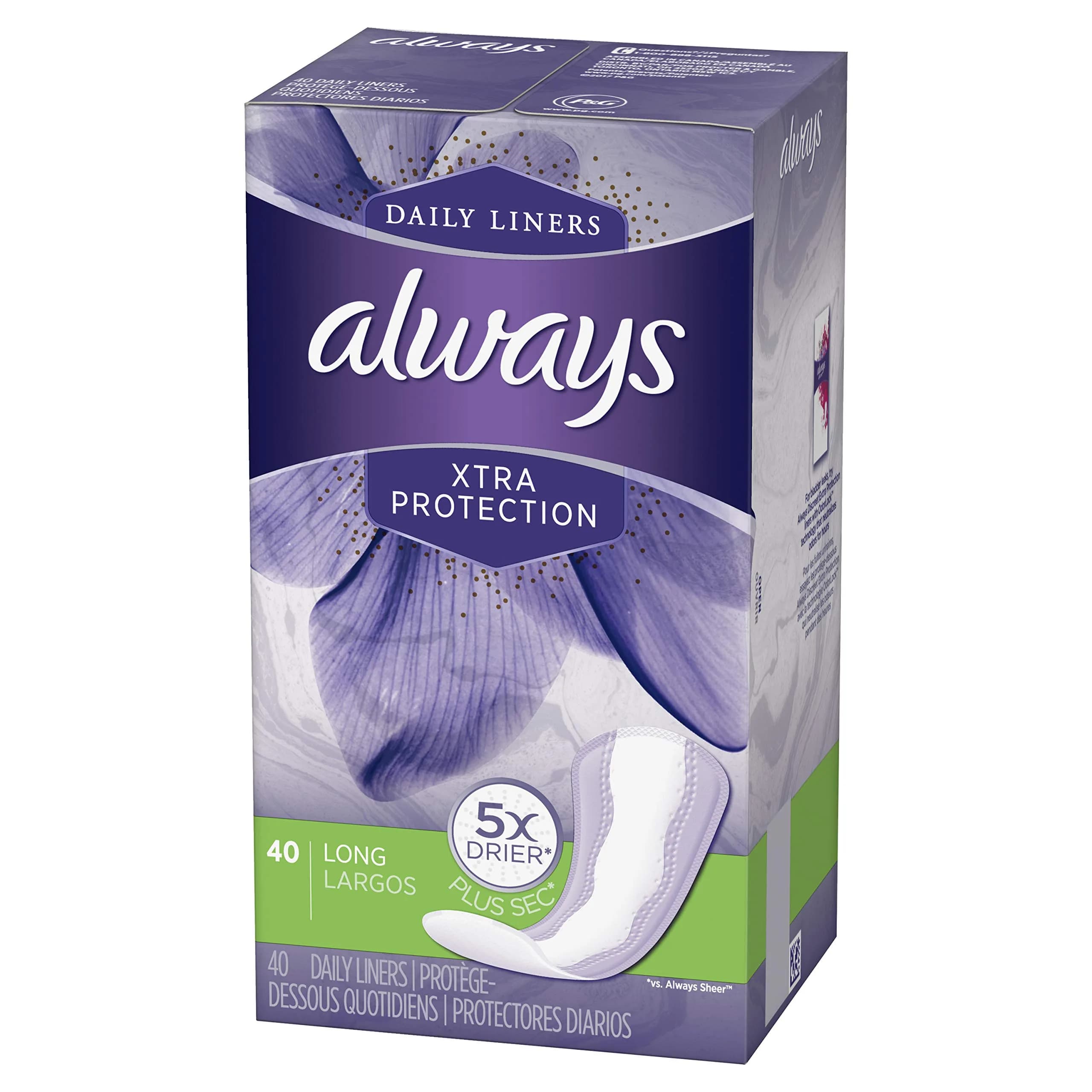 Always Xtra Protection Daily Liners Long Unscented, 40 Count | 5x Drier Protection