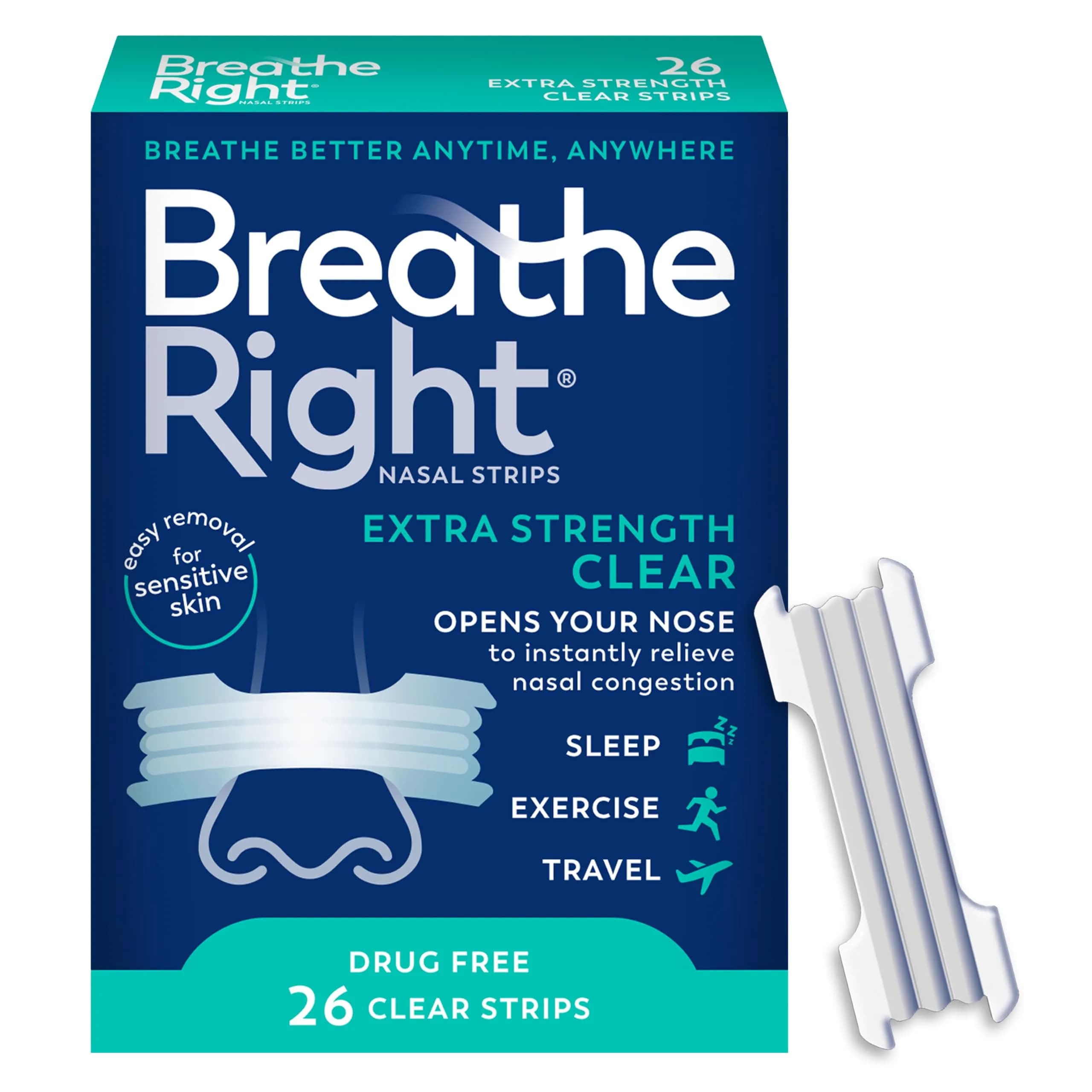 Breathe Right Extra Strength Nasal Strips for Sensitive Skin, 26 Count | Opens Nose to Increase Airflow - main product image