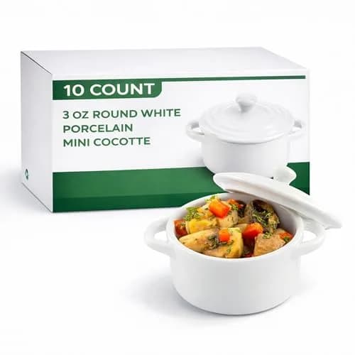 Restaurantware 3 Ounce Mini Cocotte White Porcelain Oven-Safe Set of 10 | Perfect for Baking & Serving thumbnail 1