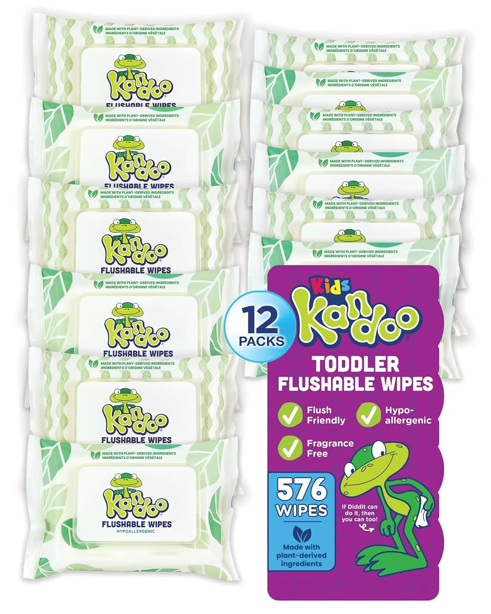 Kandoo Flushable Baby Wipes for Sensitive Skin, Unscented, Hypoallergenic Potty Training Cleansing Cloths, 576 Count (12 Packs of 48) | Plant-Based & USDA Certified Biobased - main product image