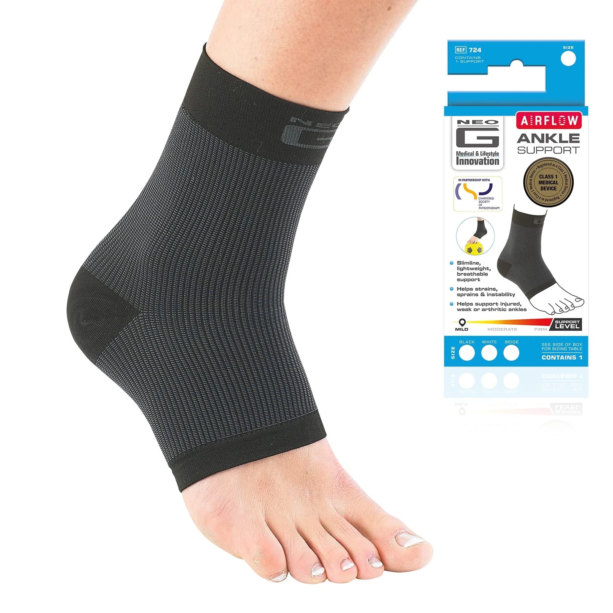 Neo-G Airflow Ankle Compression Sleeve | Support for Weak Ankles & Tendonitis, Breathable, Lightweight, Black, L — Black