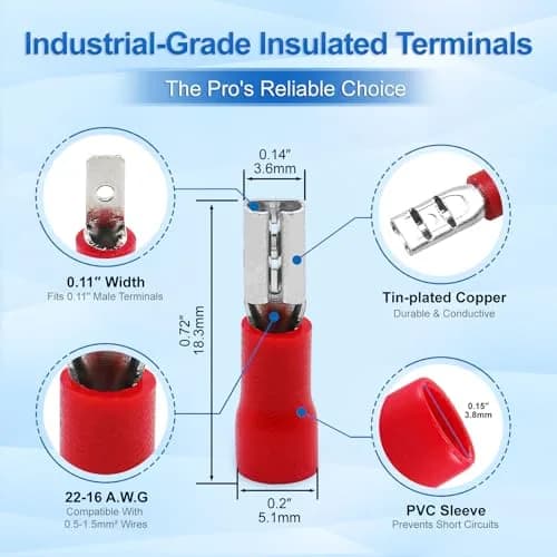Baomain Female Spade Terminals 0.11" | Insulated, 22-16 AWG, 200-Pack for Automotive & DIY (100-120 chars) thumbnail 2