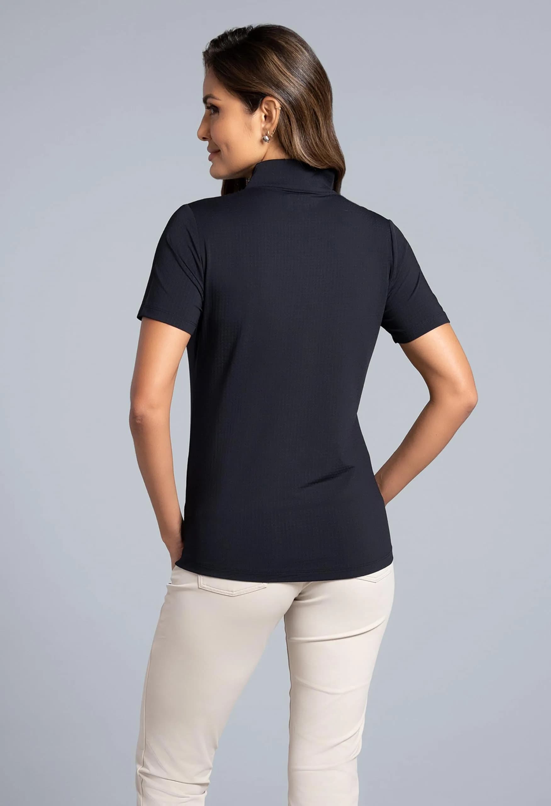IBKUL Athleisure Wear Sun Protective UPF 50+ Icefil Cooling-Short Sleeve Mock Neck Black | UV & Sweat Control (70-120 chars) thumbnail 2