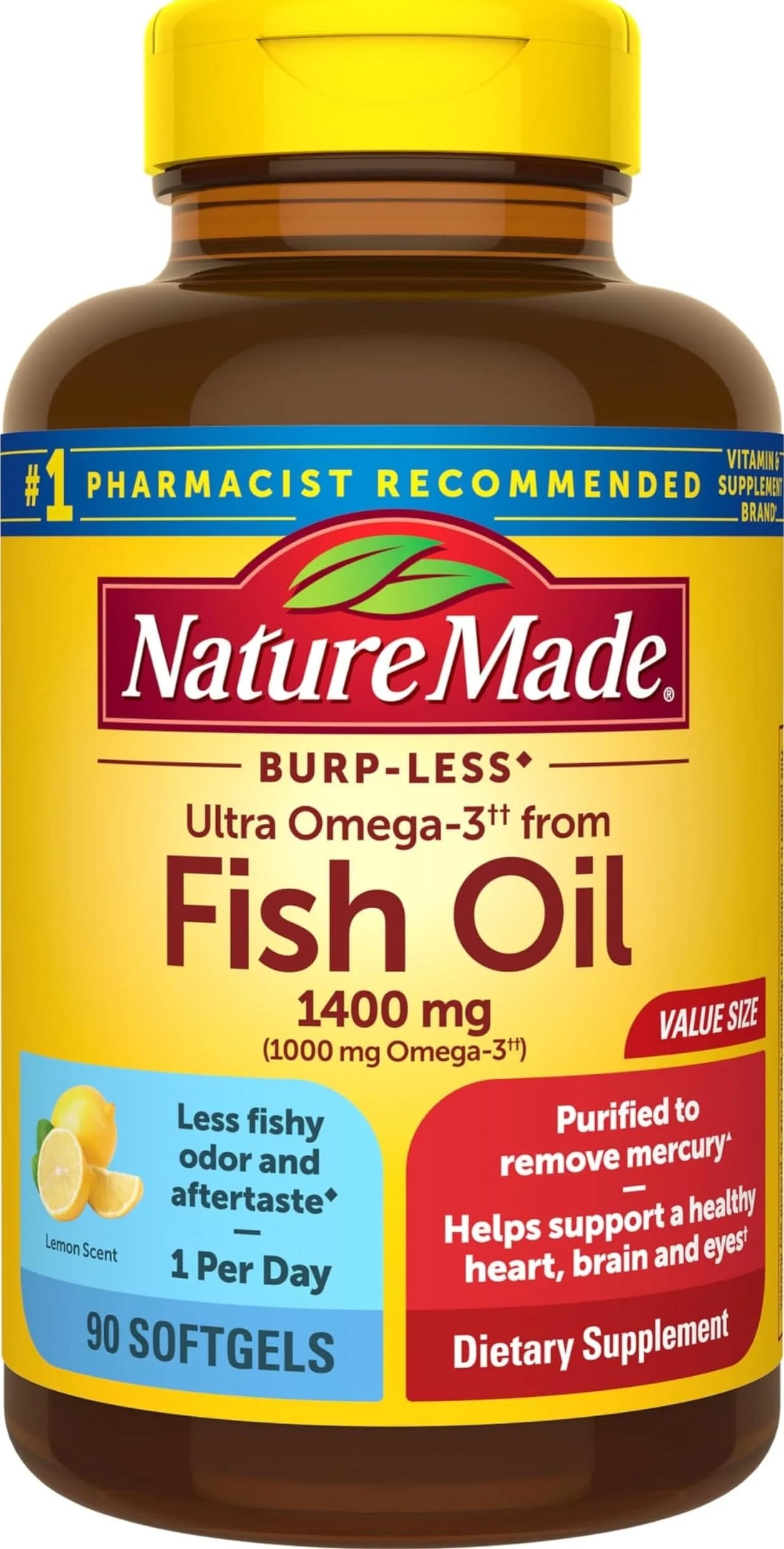 Nature Made Burp Less Ultra Omega 3 Fish Oil 1400mg Softgels, 90 Count | Supports Heart, Brain & Eye Health