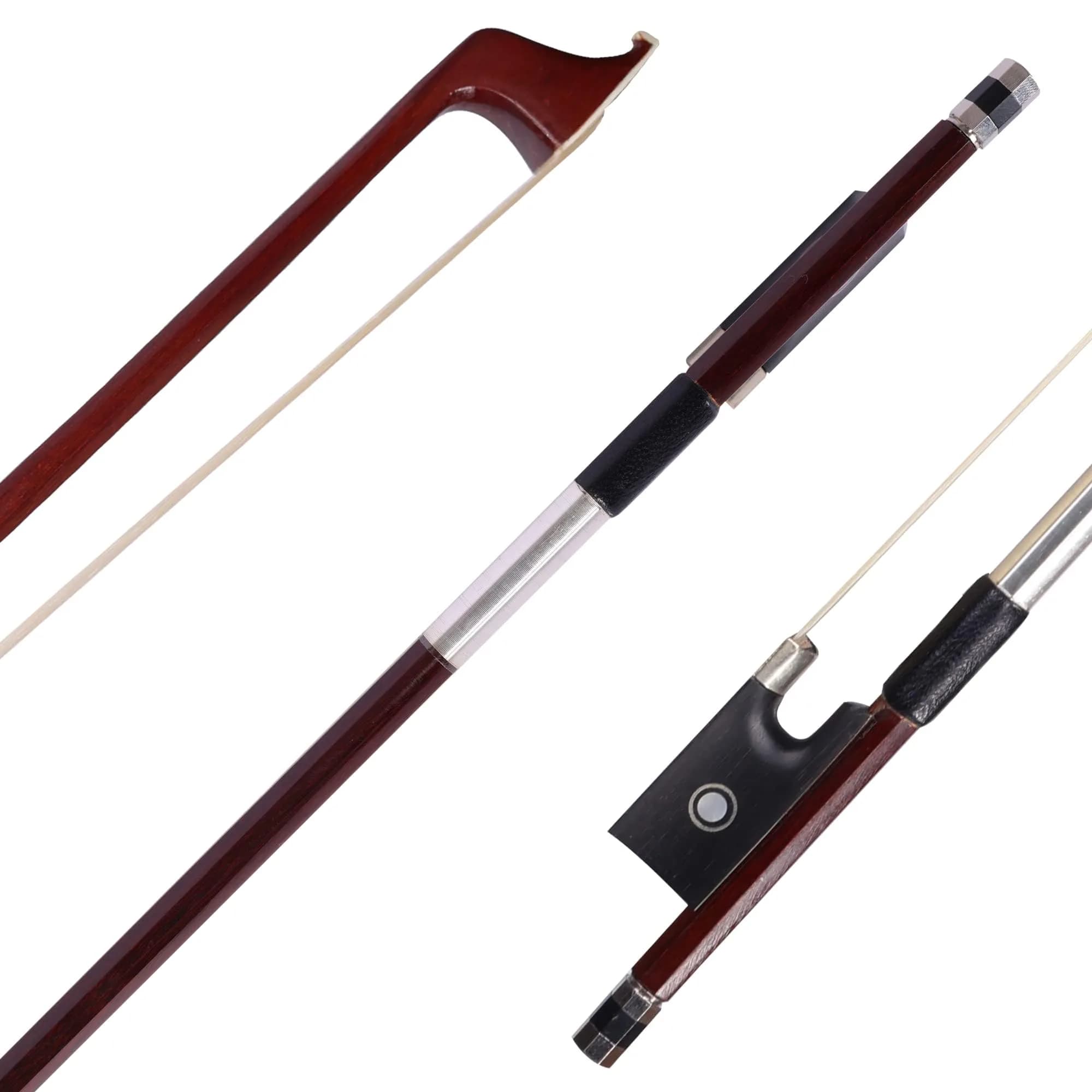 adm 4/4 Full Size Student Violin Bow with Horsehair, Brazilwood, Ebony Frog, Pearl Eye, Pearl Slide, Brown — 4/4 Size