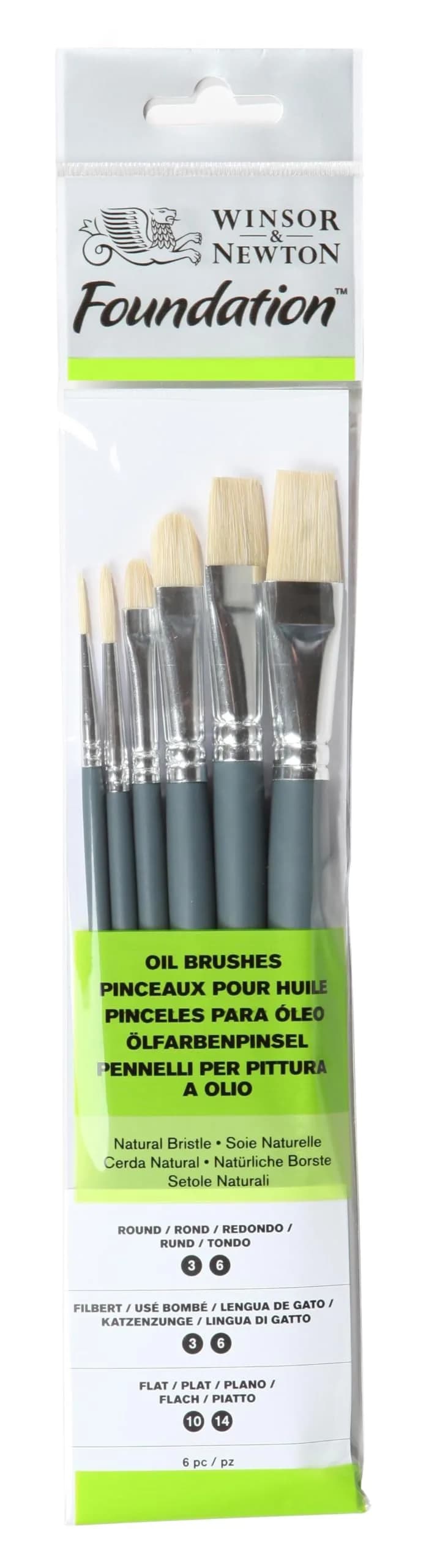 Winsor & Newton Foundation Oil Hog Brush Set, Long Handle, 6 Pack | Synthetic Hog Bristles for Oil & Acrylic — 6-Pack