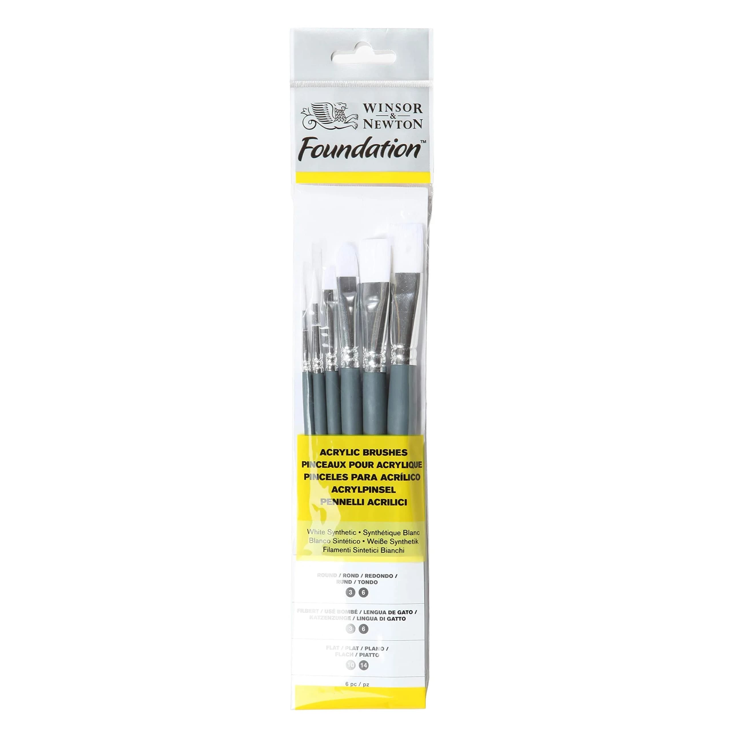 Winsor & Newton Foundation Synthetic Acrylic Brush Set, 6 Brushes (2 Round, 2 Filbert, 2 Flat) | Ideal for Acrylics & Oils — White