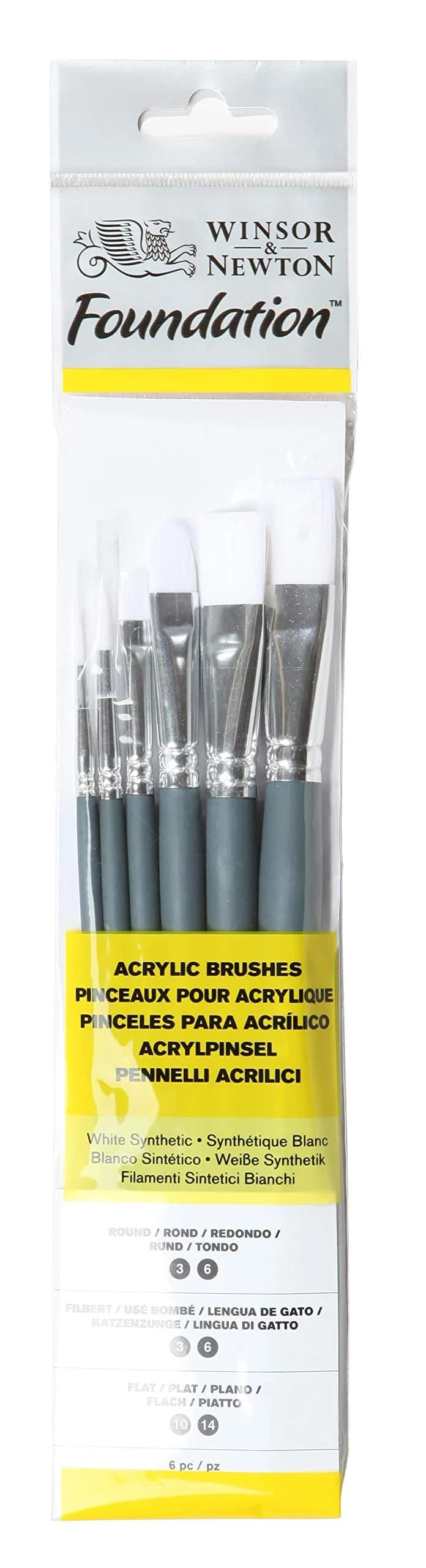 Winsor & Newton Foundation Acrylic Brush Set, SH Flat 4, 10 & 14 | Synthetic Bristle for Acrylic & Oil Painting — 6 Brushes