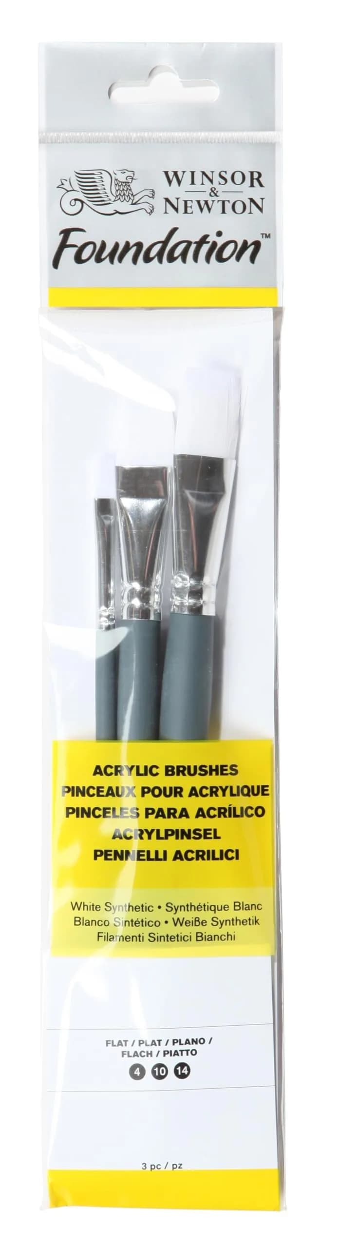 Winsor & Newton Foundation Acrylic Brush Set, SH Flat 4, 10 & 14 | Synthetic Bristle for Acrylic & Oil Painting — White