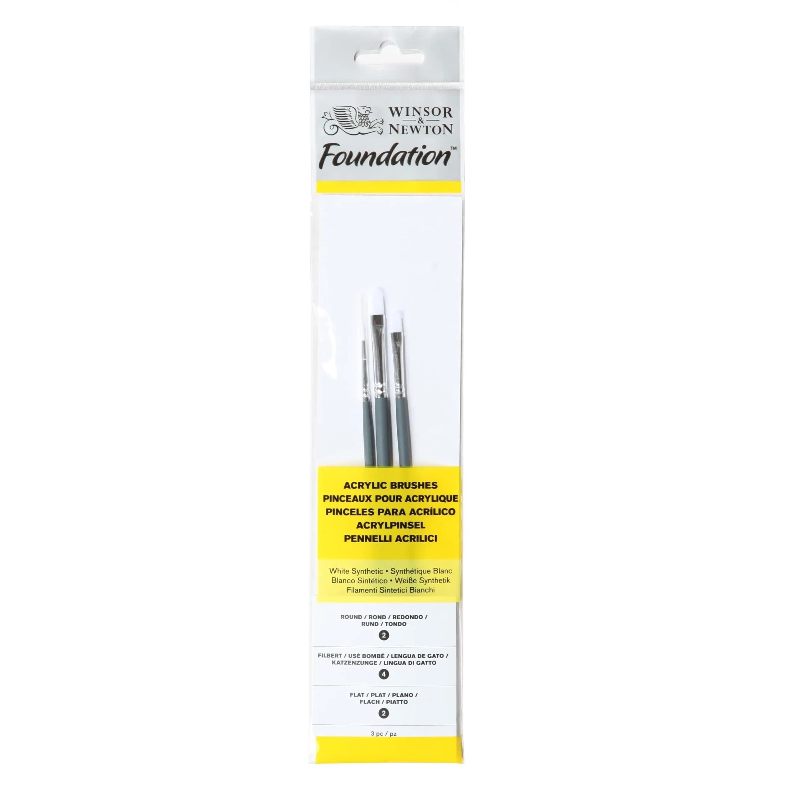 Winsor & Newton Foundation Acrylic Brush Set, SH, 3 Pack | Synthetic Bristles for Acrylic & Oil Painting — White