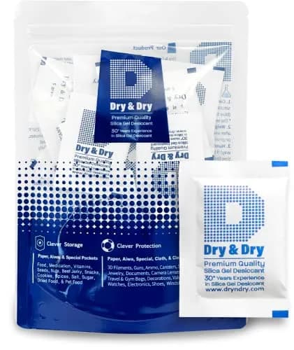 Dry & Dry 5 Gram Silica Gel Packets (50 Count) | Rechargeable Moisture Absorbers for Food, Electronics, 3D Filament & Safes thumbnail 1