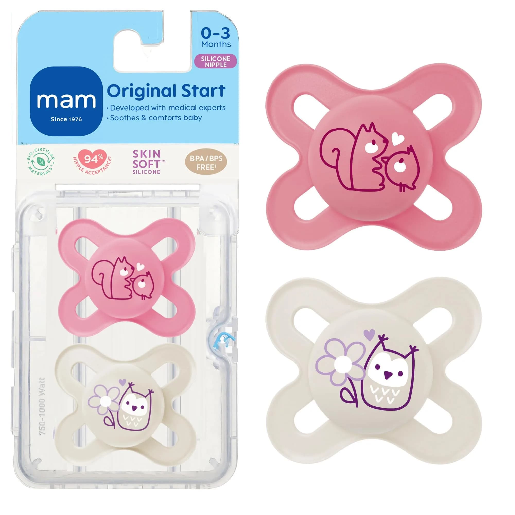 MAM Original Start Baby Pacifiers 0-3 Months SkinSoft Silicone, 2 Pack | Developed with Orthodontists - main product image