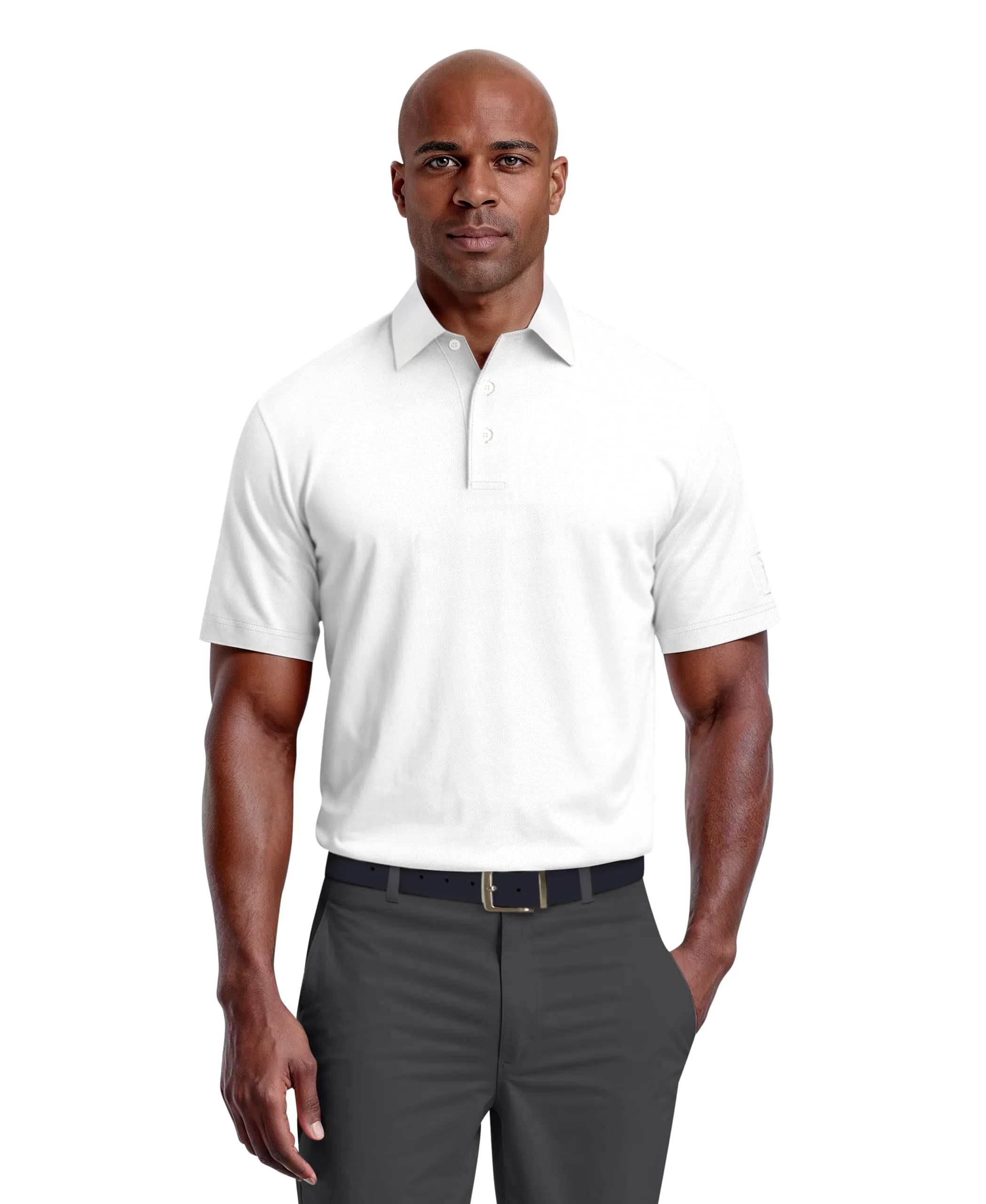 PGA TOUR Airflux Short Sleeve Golf Polo-Shirt in Caviar Black XL | Moisture-Wicking, Sun-Protective — Bright White