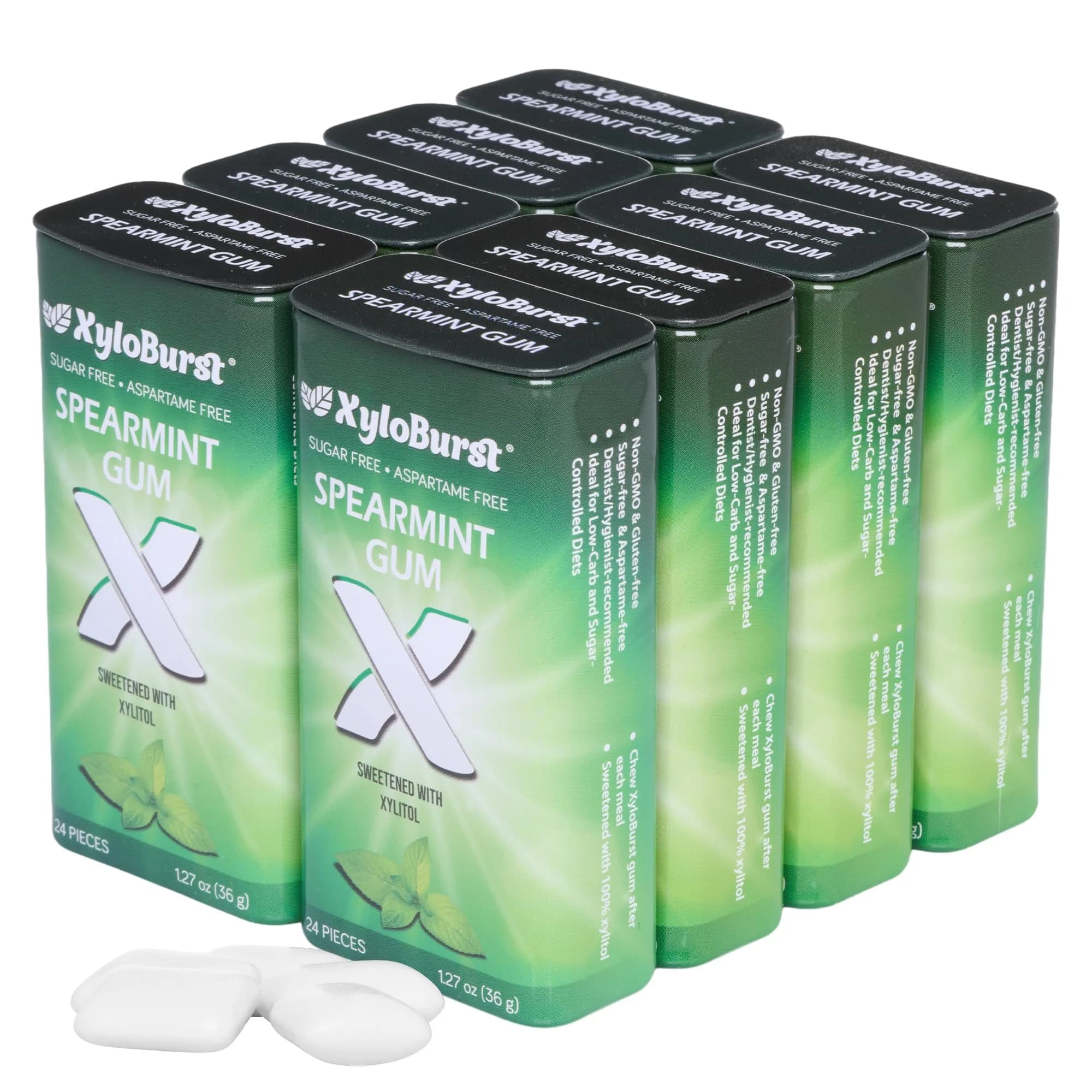 XyloBurst Spearmint Xylitol Chewing Gum 204 Pieces (Pack of 8) | Sugar-Free, Gluten-Free, Keto Friendly, Aspartame-Free - main product image