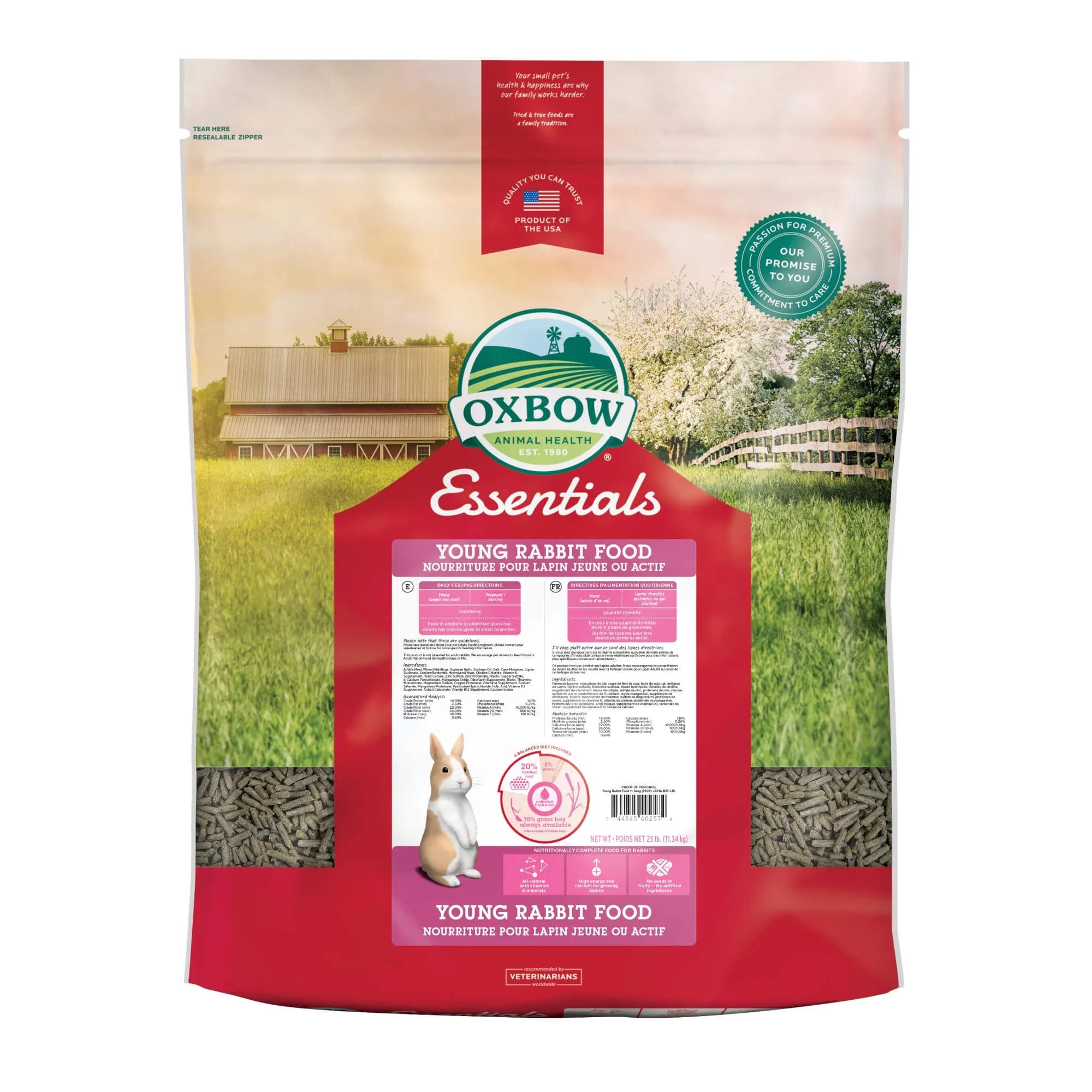 Oxbow Essentials Young Rabbit Food Pellets 11.33 kg (25 lb) | High-Fiber Timothy Hay Formula for Digestive Health - main product image