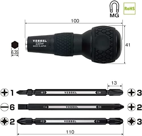 VESSEL Ball Grip Interchangeable Screwdriver Set with 6 Hex Bits | 10 cm (3 inch) Blade Length thumbnail 2