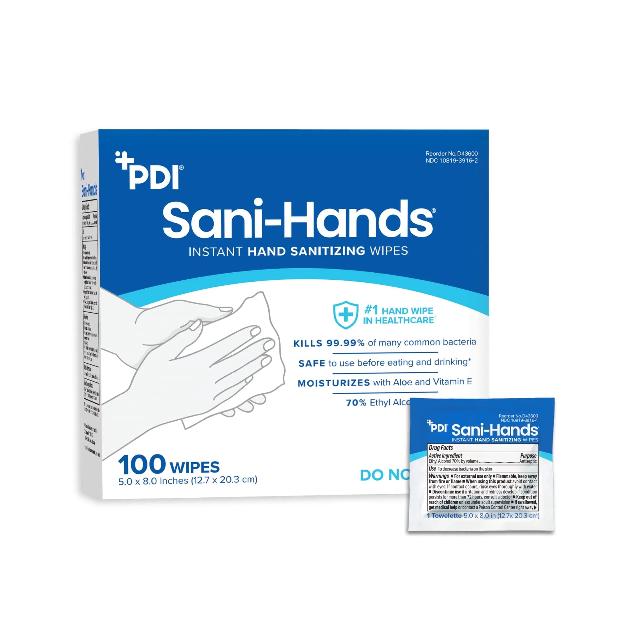 PDI Sani-Hands Hand Sanitizer Wipes 100 Packets | Kills 99.99% Germs, Moisturizes Hands