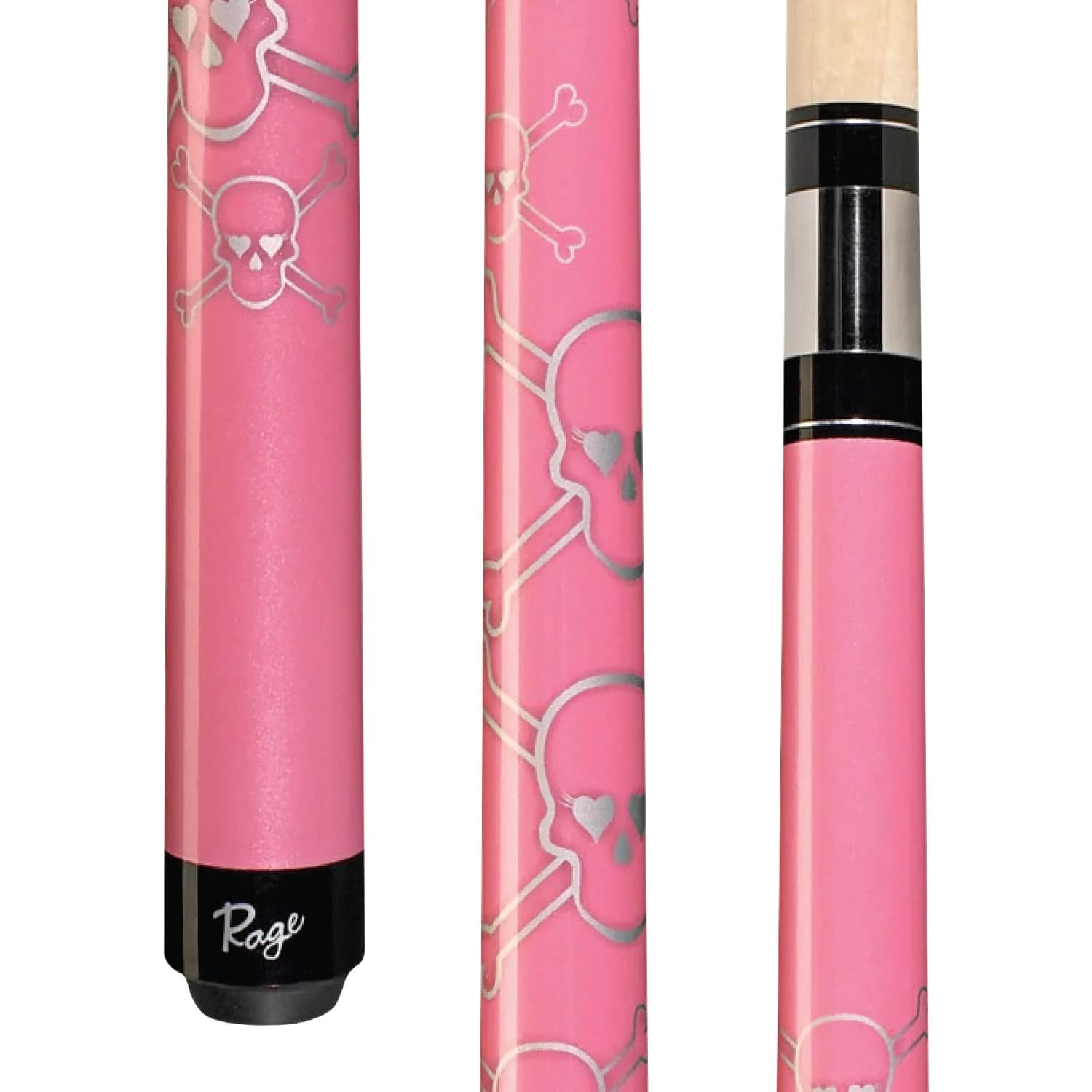 RAGE RG88 Pool Cue, Metallic Cotton Candy Pink, Graphic Silver Skull Design | 20 oz, Leather Tip, Wrapless Handle