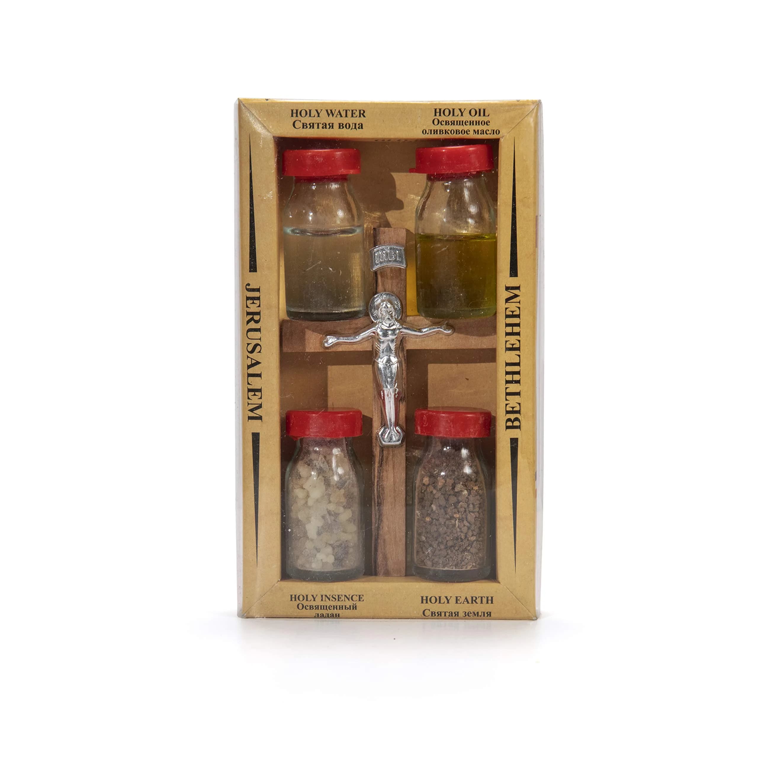 Christian Gifts Crucifix with Holy Water, Anointing Oil, Frankincense & Earth | Made in Bethlehem