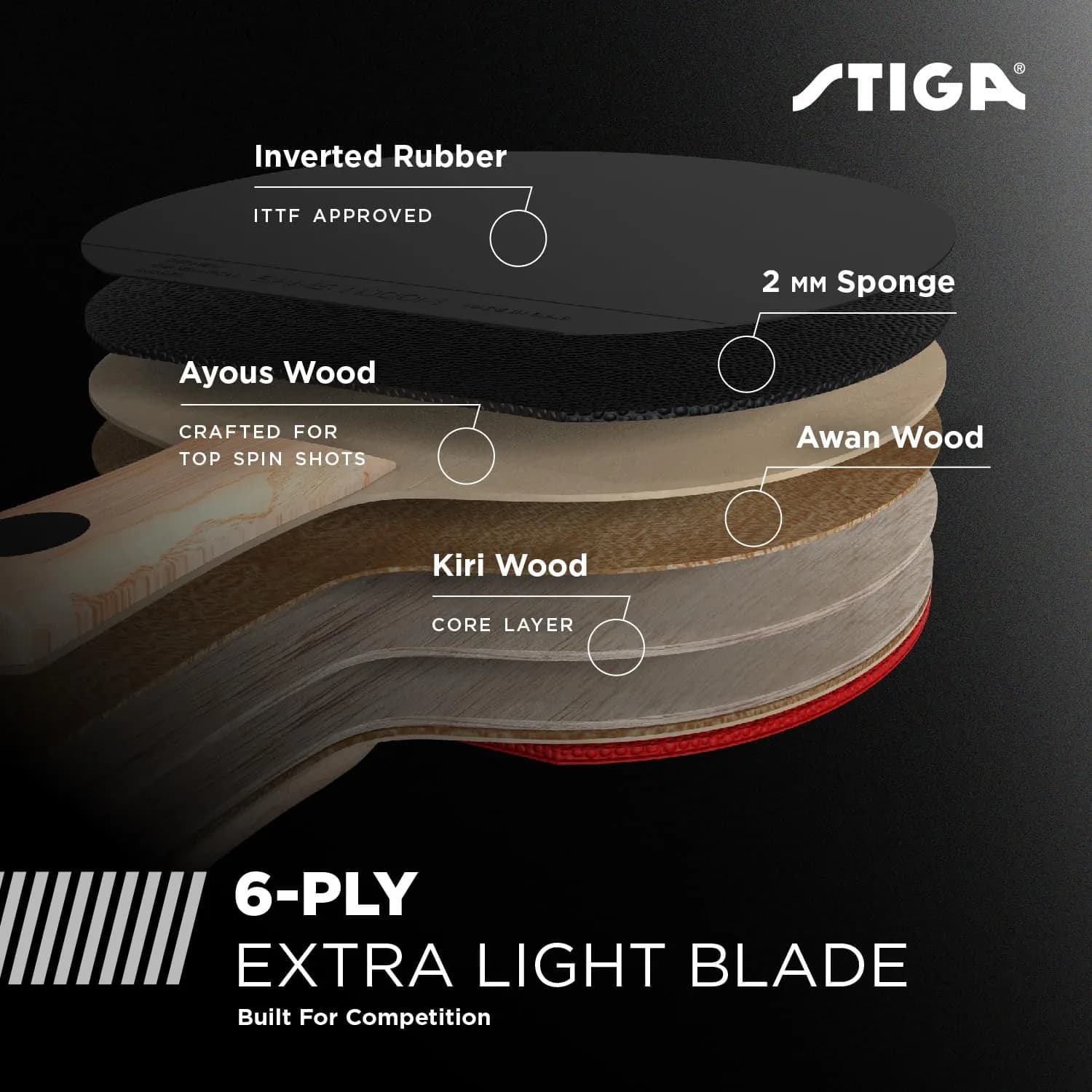 STIGA Evolution Performance Ping Pong Paddle - 6-ply Light Blade - 2mm Tournament-Approved Premium Sponge - Flared Handle for Next-Gen Grip & Control - Performance Table Tennis Racket - view 3