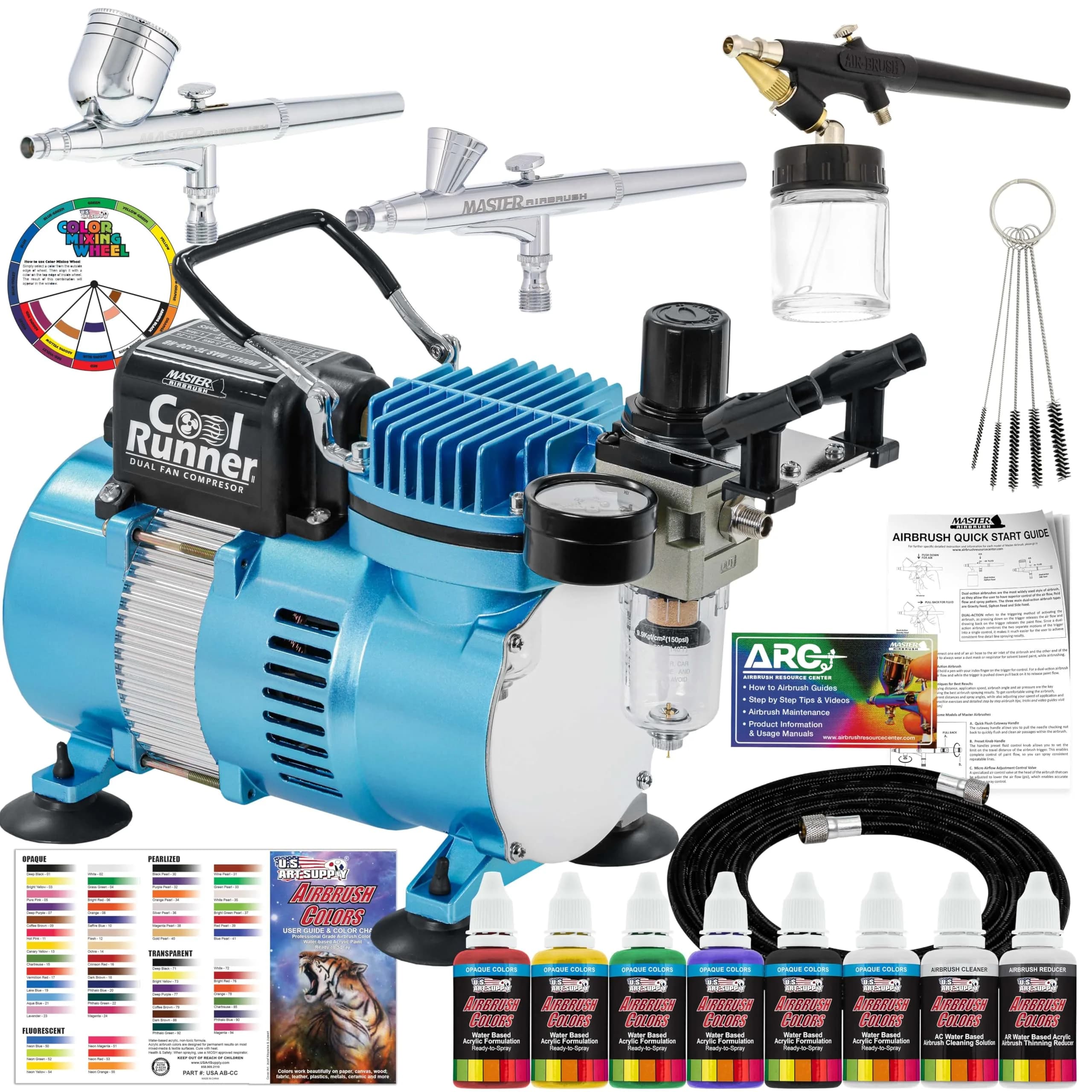 Master Airbrush Cool Runner II Air Brush Kit with Air Compressor Dual Fan | Professional Painting System for Artists & Hobbyists — Cool Blue