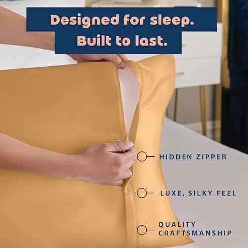 BLISSFORD Satin Pillowcase with Zipper, Like Silk Pillow Cases - Gold | Gentle on Hair & Skin, Zipper Closure, 2 Pack, Queen Size 20 x 30 in thumbnail 4
