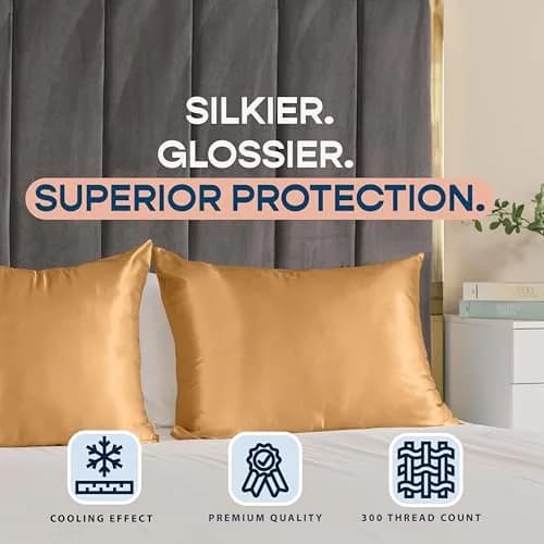 BLISSFORD Satin Pillowcase with Zipper, Like Silk Pillow Cases - Gold | Gentle on Hair & Skin, Zipper Closure, 2 Pack, Queen Size 20 x 30 in thumbnail 7