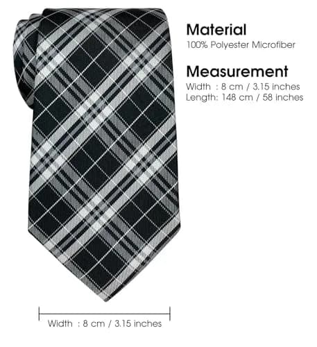 Retreez Plaid Checkered Men's Tie Black and White | 8 cm (3.15 inches) Wide thumbnail 6