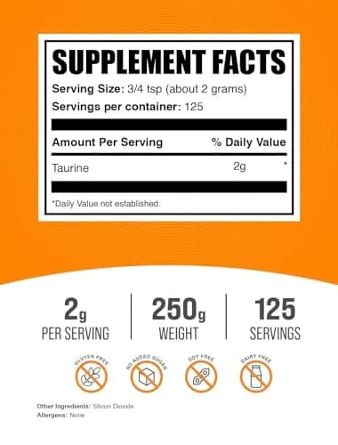 BulkSupplements Taurine Powder 250g | Unflavored & Gluten Free, 2g per Serving for Energy & Performance thumbnail 2