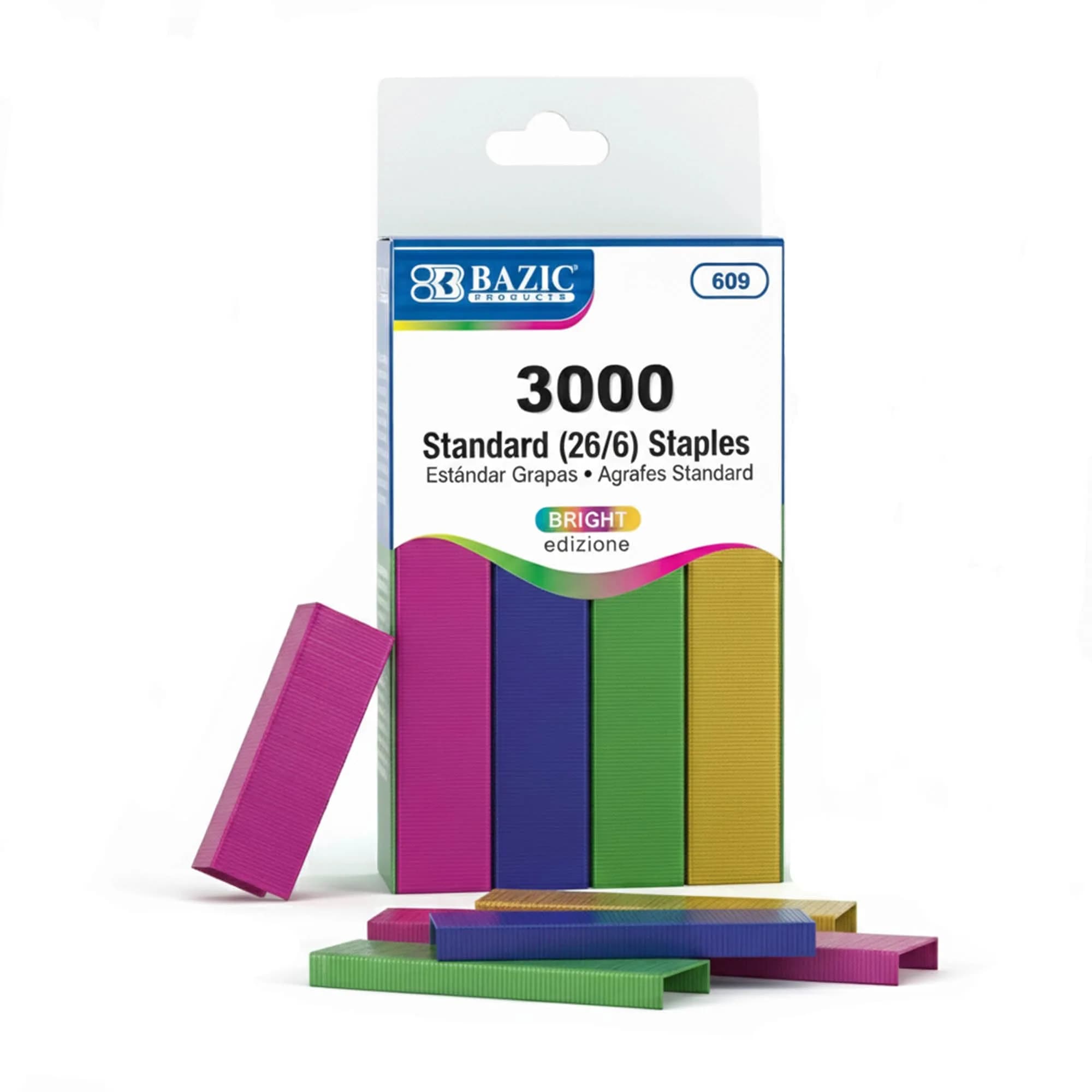 BAZIC PRODUCTS Standard Staples 26/6 Metallic Colors 3000 Ct (72-Pack) | Authentic Hardware Staple for Daily Use — Bright Colors