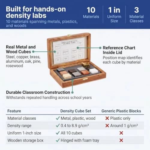 United Scientific Density Cube Set, 10 Materials Physics Blocks, 1 Inch | Educational Science Kit for Students thumbnail 6