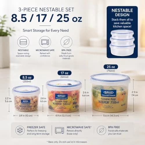 Lustroware Airtight Food Storage Containers with Lids, Set of 3, BPA-Free | Nestable, Leak-Proof, Microwave & Dishwasher Safe thumbnail 4