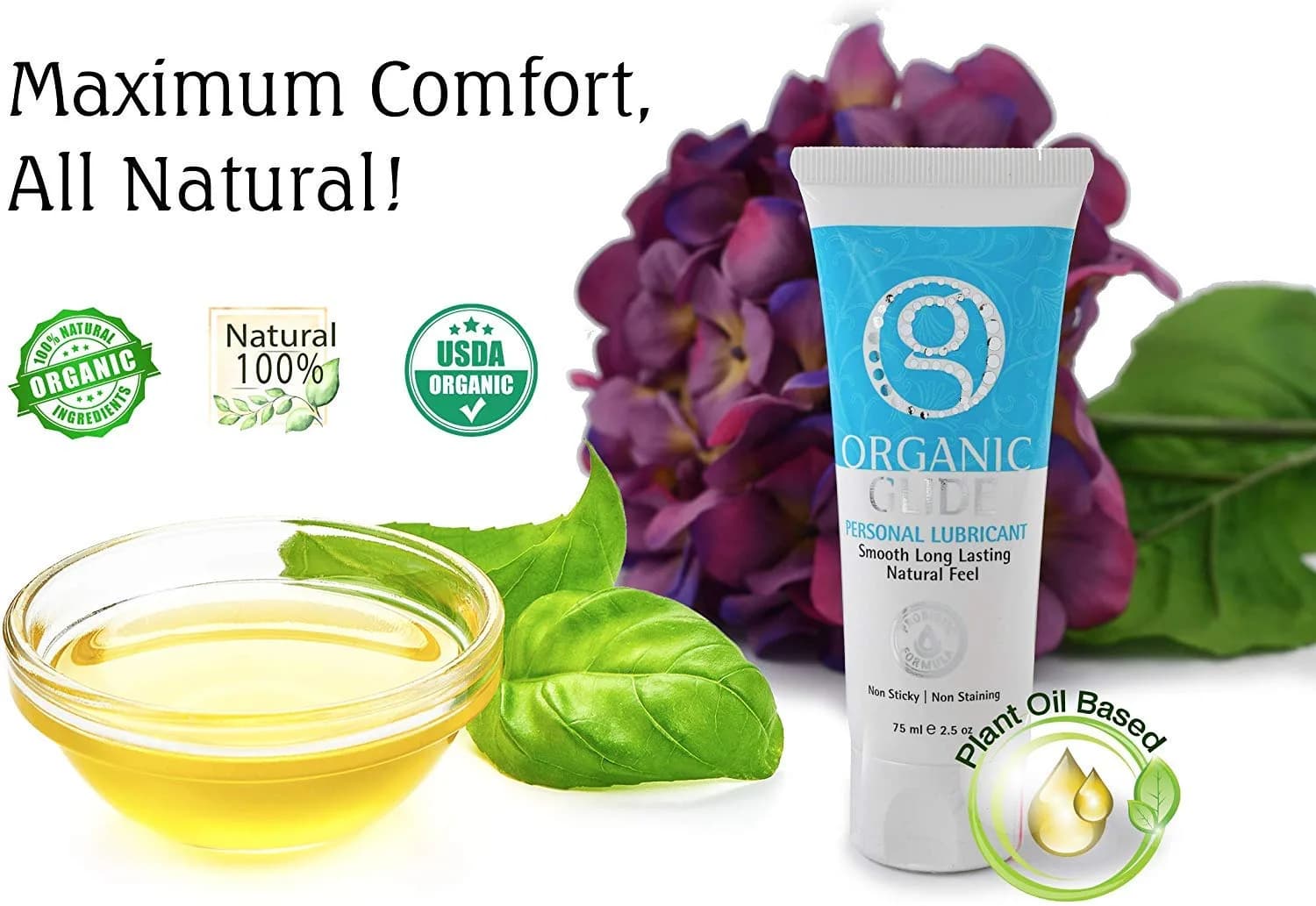 Organic Glide Natural Personal Lubricant 2.5oz | Probiotic Edible, Paraben-Free, Glycerin-Free, Sensitive Skin