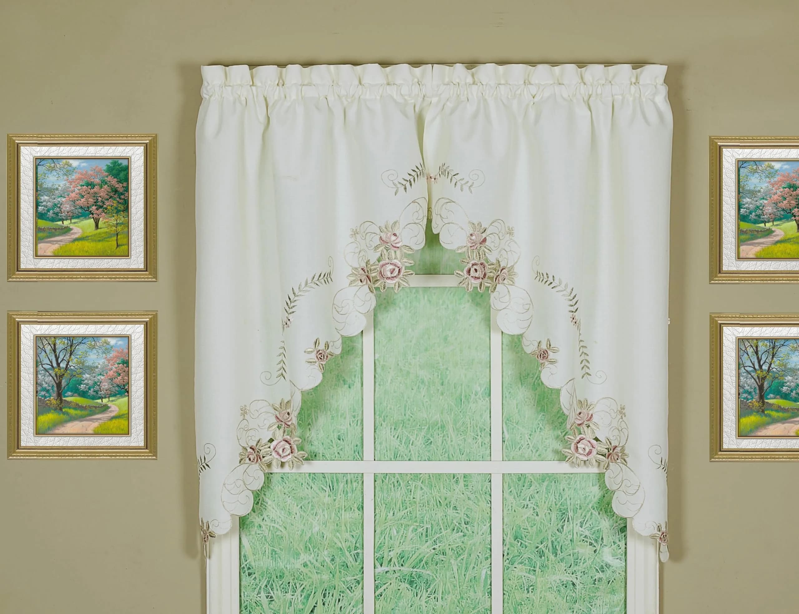 Today's Curtain Verona Reverse Embroidery Swag Window Tier 38cm (15in) x 60cm (24in) | Light-Filtering Polyester — Ecru/Rose