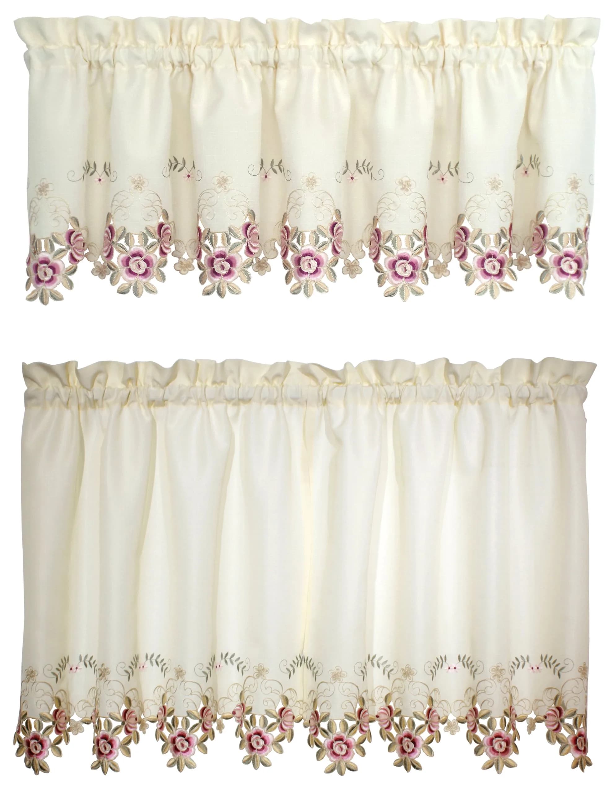 Today's Curtain Verona Reverse Embroidery Tier 60"W x 30"L (152cm x 76cm) | Classic Ecru/Rose Window Tier — Ecru/Rose